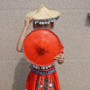 跳舞的斗笠少数民族帽子女傣族蹈红色花腰帽亮片儿童节目表演道具