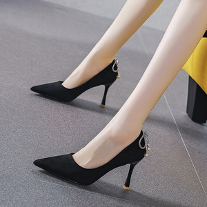 8cm名媛风黑色绒面高跟鞋女细跟韩版工作中跟单鞋2021年秋季新款