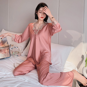 正品爱慕睡衣女春秋性感仿真丝长袖套装韩版薄款夏季宽松大码丝绸