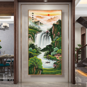 国画旭日东升山水画新中式迎客松竖版挂画玄关过道壁画客厅装饰画
