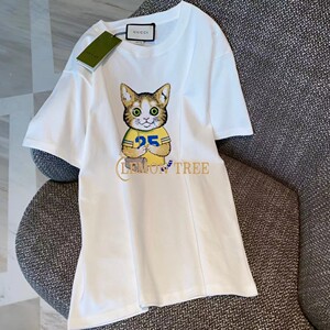 代购gucci短袖女古驰t恤男正品经典双g字母logo小猫印花情侣款tee