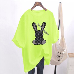 荧光绿色短袖中长款t恤女2022新款春秋欧货大版宽松纯棉兔子上衣
