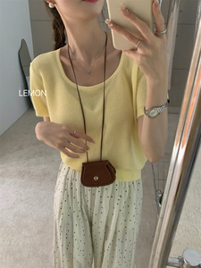 夏季黄色冰丝领短袖薄款针织衫女韩国东大门纯色百搭短款套头小衫