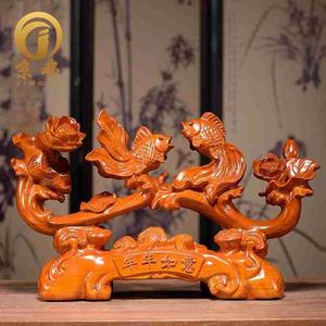 花梨木雕金鱼摆件年年如意木头鱼根雕连年有余红木家居装饰工艺