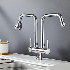 厨房冷热水龙头双管双出水槽洗菜盆洗碗池双头控旋转全铜增压两用