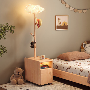 儿童小户型床头柜挂衣架一体实木床边柜子2024新款创意带灯收纳柜