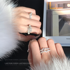 Ladyunicorn珍珠锆石戒指女高级温柔气质小众设计指环可调节开口
