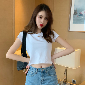 破洞高腰短款短袖t恤露脐上衣女夏 泫雅风爵士修身紧身漏肚脐装潮