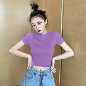 紫色高腰短款短袖t恤露脐上衣女夏 泫雅风爵士修身紧身漏肚脐装潮
