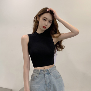黑色露脐吊带背心女夏 短款高腰外穿无袖t恤紧身打底内搭小背心潮