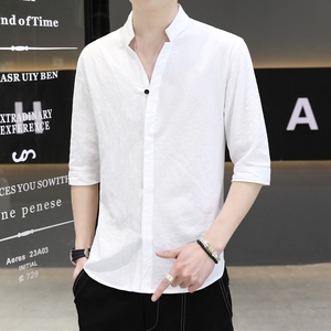 夏季亚麻中国风衬衫男短袖立领纯棉中袖寸衫男士棉麻高级感白衬衣