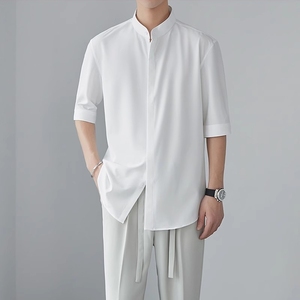 新中式立领衬衫男士春夏新款衬衣高级感冰丝垂感中袖五分袖薄款