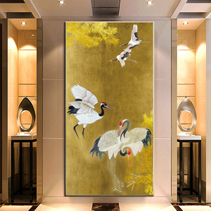 中式复古黄金色纹理仙鹤壁布家装玄关背景墙壁纸壁画饭店包厢墙布