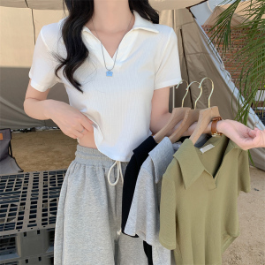 正肩polo衫女短袖夏季2022新款辣妹显瘦修身t恤翻领白色短款上衣
