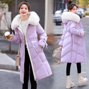 紫色羽绒棉服女中长款2023冬装新款收腰修身显瘦加厚棉衣棉袄外套