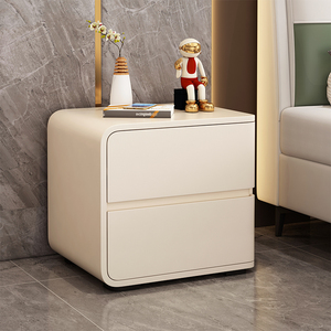 床头柜现代极简超纤皮奶茶风卧室小型意式简约艺术实木落地柜矮柜