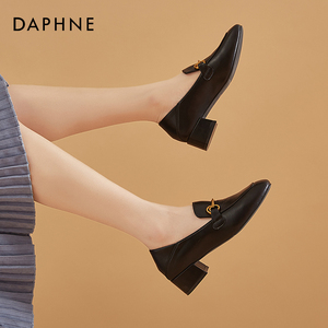 达芙妮英伦风小皮鞋女夏黑色软皮马衔扣乐福鞋一脚蹬中跟粗跟单鞋