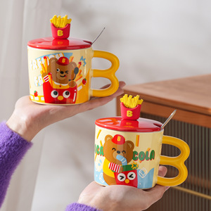 可爱小熊薯条马克杯创意卡通陶瓷杯汉堡高颜值水杯家用儿童早餐杯