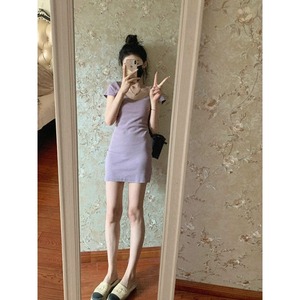 紫色方领短袖针织连衣裙女夏季辣妹气质修身显瘦高级感包臀短裙子