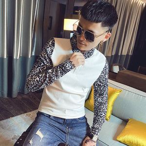2020秋季精神小伙衬衣套头假两件豹纹衬衫男社会修身发型师寸衣服