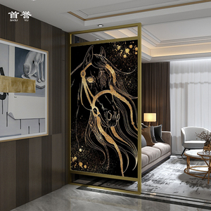 现代铝合金屏风客厅玄关隔断办公室装饰中式轻奢黑马顶天立地座屏