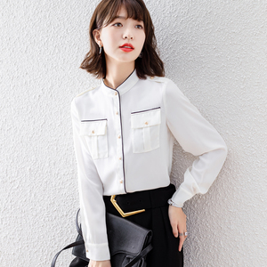 小个子雪纺衬衫女春装新款时尚洋气设计感大口袋纯欲内搭别致上衣