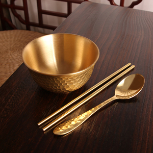 纯铜加厚碗筷勺叉套装家用防烫黄铜饭碗工艺品结婚礼物金饭碗韩式