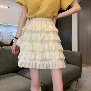 不规则蛋糕半身裙女夏季高腰a字百褶裙小个子蓬蓬雪纺半裙超短裙