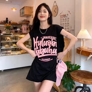 字母发泡印花下衣失踪t恤女夏季宽松bf风中长款无袖坎肩背心上衣