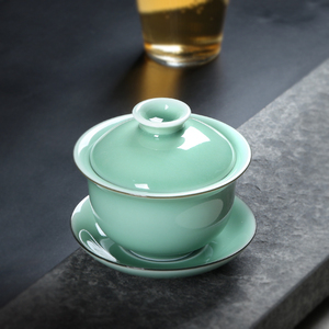 青瓷盖碗单个功夫茶碗带盖三才茶杯龙泉陶瓷家用纯手工泡茶具套装