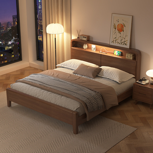 北欧实木床现代简约胡桃色1.8米1.5m双人床主卧室经济型婚床家具