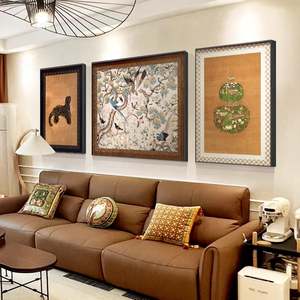金钱豹法式寓意大气中古风客厅装饰画沙发背景墙挂画新中式三联画