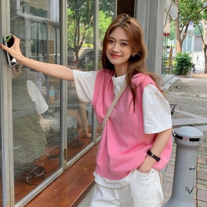 粉色针织马甲少女百搭v领毛衣背心外套初秋款马夹外穿坎肩小个子