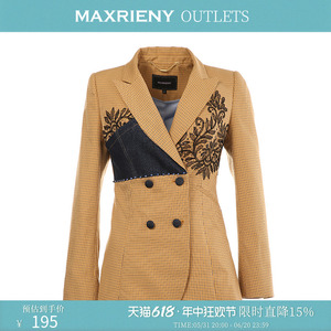 【奥莱】MAXRIENY秋季西装领绣花长袖修身复古格纹外套女