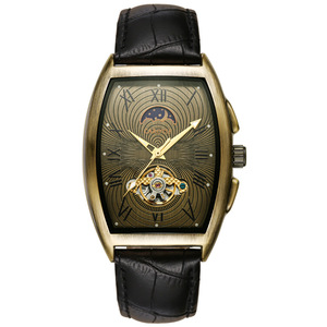 卡罗蒂夫长方形复古男士时尚陀飞轮自动机械手表真皮月相显示男女