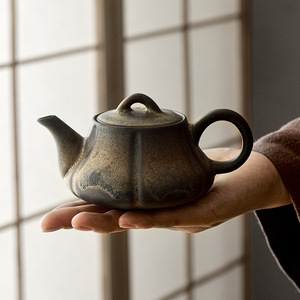 日式复古粗陶茶壶单壶窑变家用大号鎏金铁锈釉功夫茶具陶瓷泡茶壶