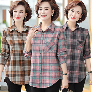 妈妈韩版棉质格子衬衫女开衫薄款外套2022新款中老年大码衬衣潮流