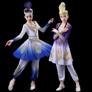 维吾族舞蹈裙女儿童娃哈哈少数民族古丽铃手鼓新款新疆表演出服装