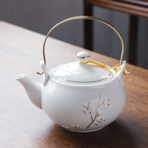 手工描金陶瓷茶壶单壶家用提梁壶铜制把手大容量水壶景德镇泡茶壶