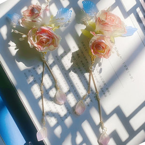 汉服头饰套装仙气绢花发饰森系月季头花古装花朵发钗插梳古风发夹