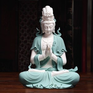 陶瓷莲花水月自在观音佛像双手合十合掌居家用供奉新中式客厅摆件