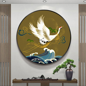 仙鹤圆形禅意装饰画酒店包厢中国风客厅玄关过道挂画国潮火锅店画
