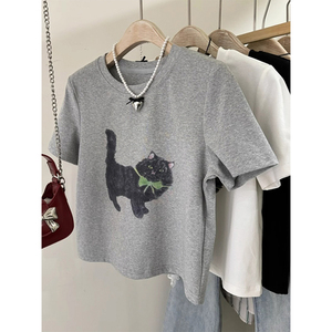 灰色猫咪印花短袖t恤女夏夏季设计感小众短款小个子正肩半袖上衣