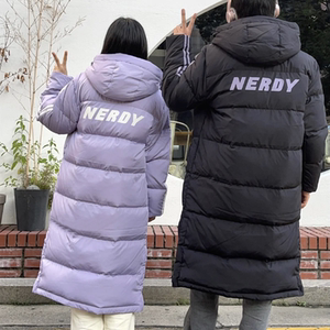 nerdy白鸭绒羽绒服反光字母长款过膝保暖男女连帽韩国21新款外套