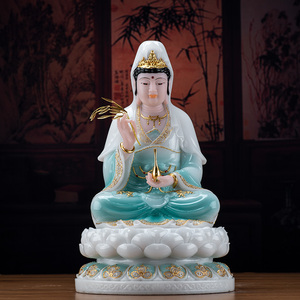 汉白玉观音佛像玉雕彩绘镶金南海观世音菩萨像家用客厅佛堂摆件