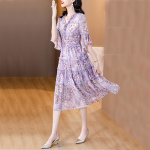 高端广州雪纺连衣裙夏季女装爆款紫色十三行原单中年妈妈洋气裙子