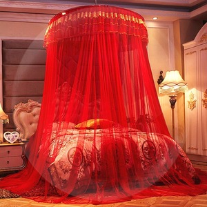 结婚大红色落地家用免打孔免安装蚊帐圆顶吸盘吊挂式吊顶蚊帐子