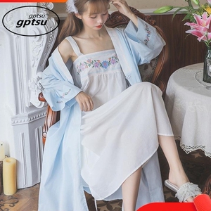 中国风复古刺绣睡衣女纯棉纱汉服吊带睡袍少女家居服两件套装薄款