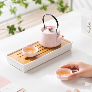粉色捏花功夫茶具套装家用陶瓷一壶两杯提梁侧把茶壶茶杯女生喝茶