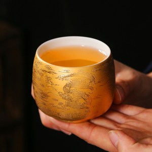 黄金茶杯羊脂玉瓷纯金24k单个金盏杯家用功夫茶盏鎏金主人杯陶瓷